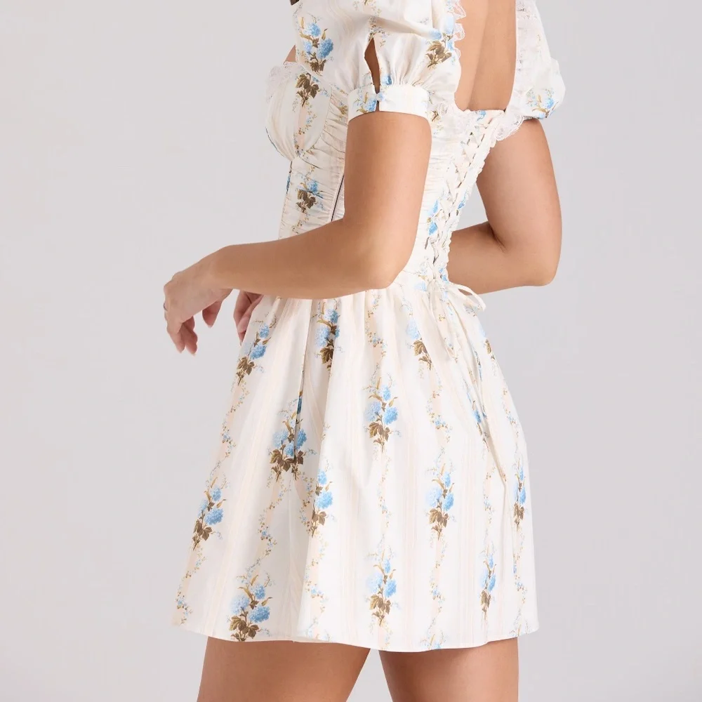 ISSA - Cream Floral Print Cotton Mini Dress - Picture 3 of 6